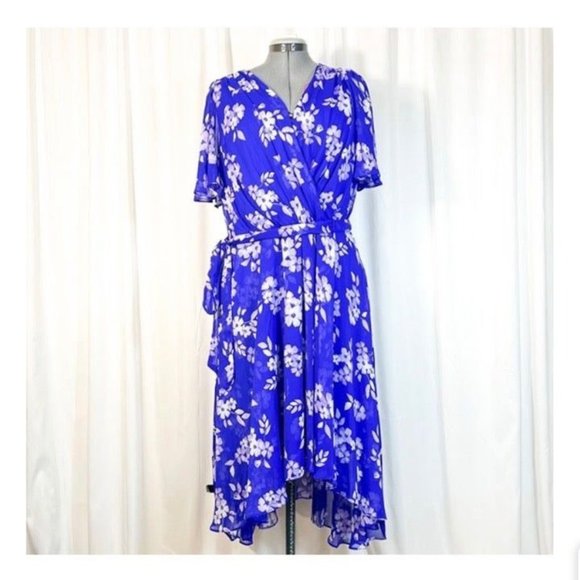 DKNY NWT Sz 18W Lapis in White / Lavender Flower Prints Hi Low Dress - Picture 2 of 5